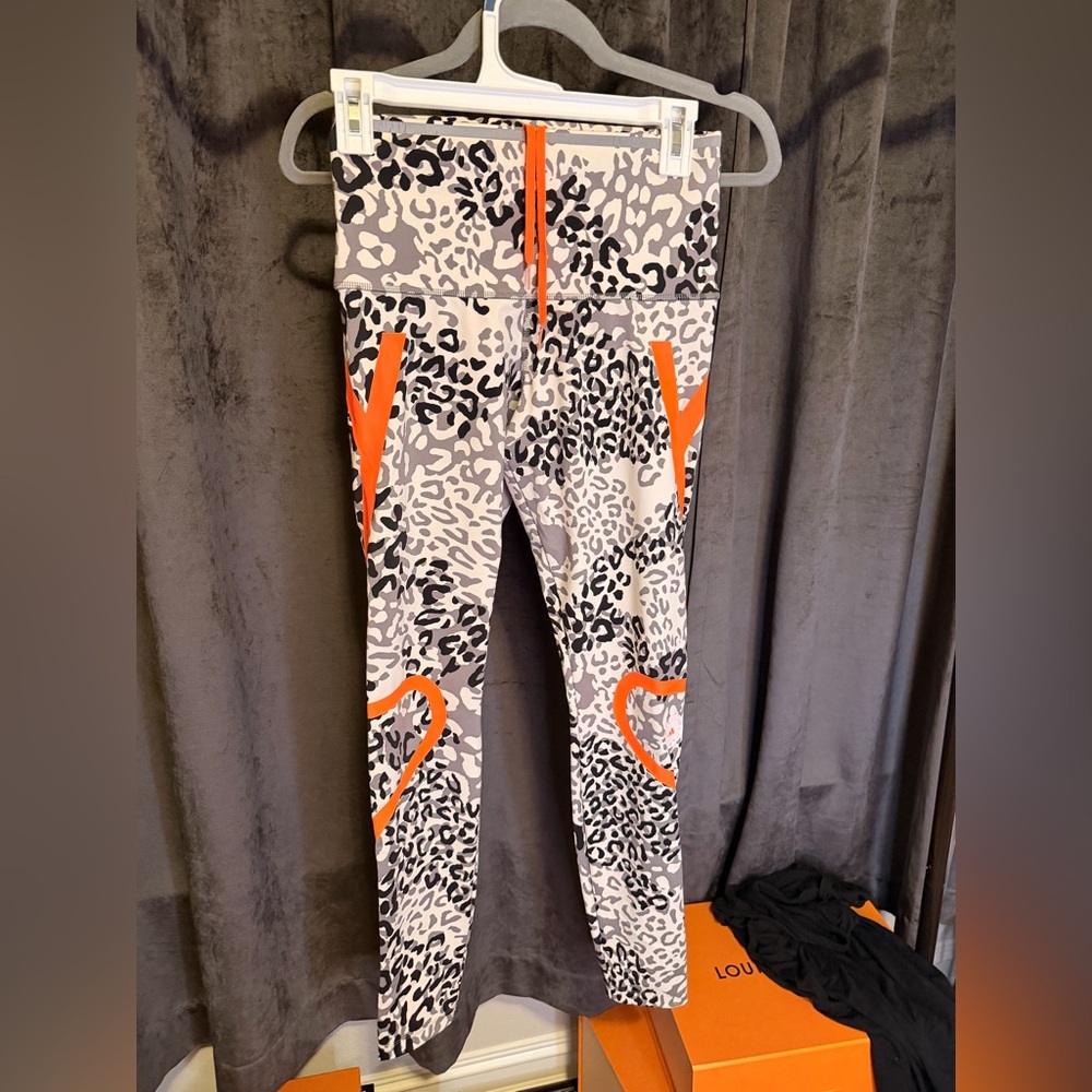 adidas Stella McCarty Leggings - Black, White, and Orange Leopard Print